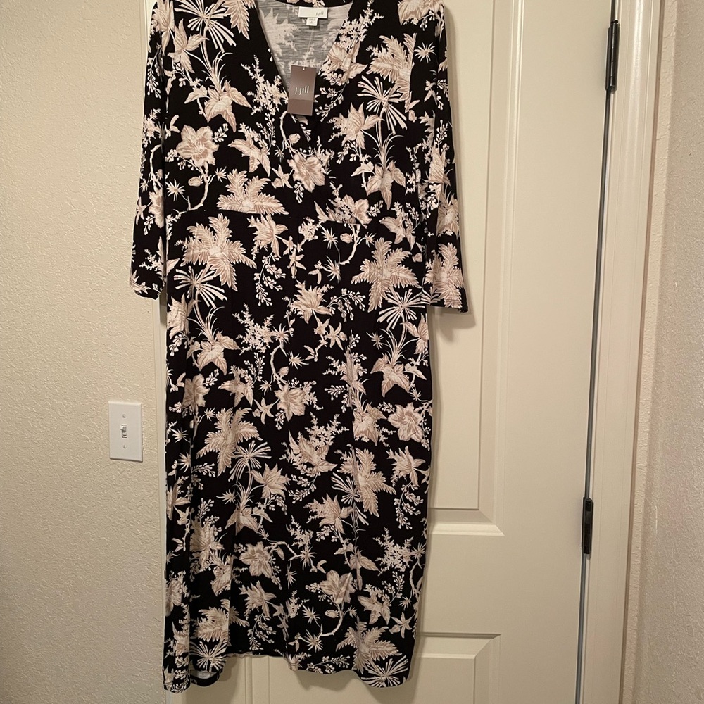 J Jill Wrap/Empire Waist Floral Black and Cream Dress Size LTall